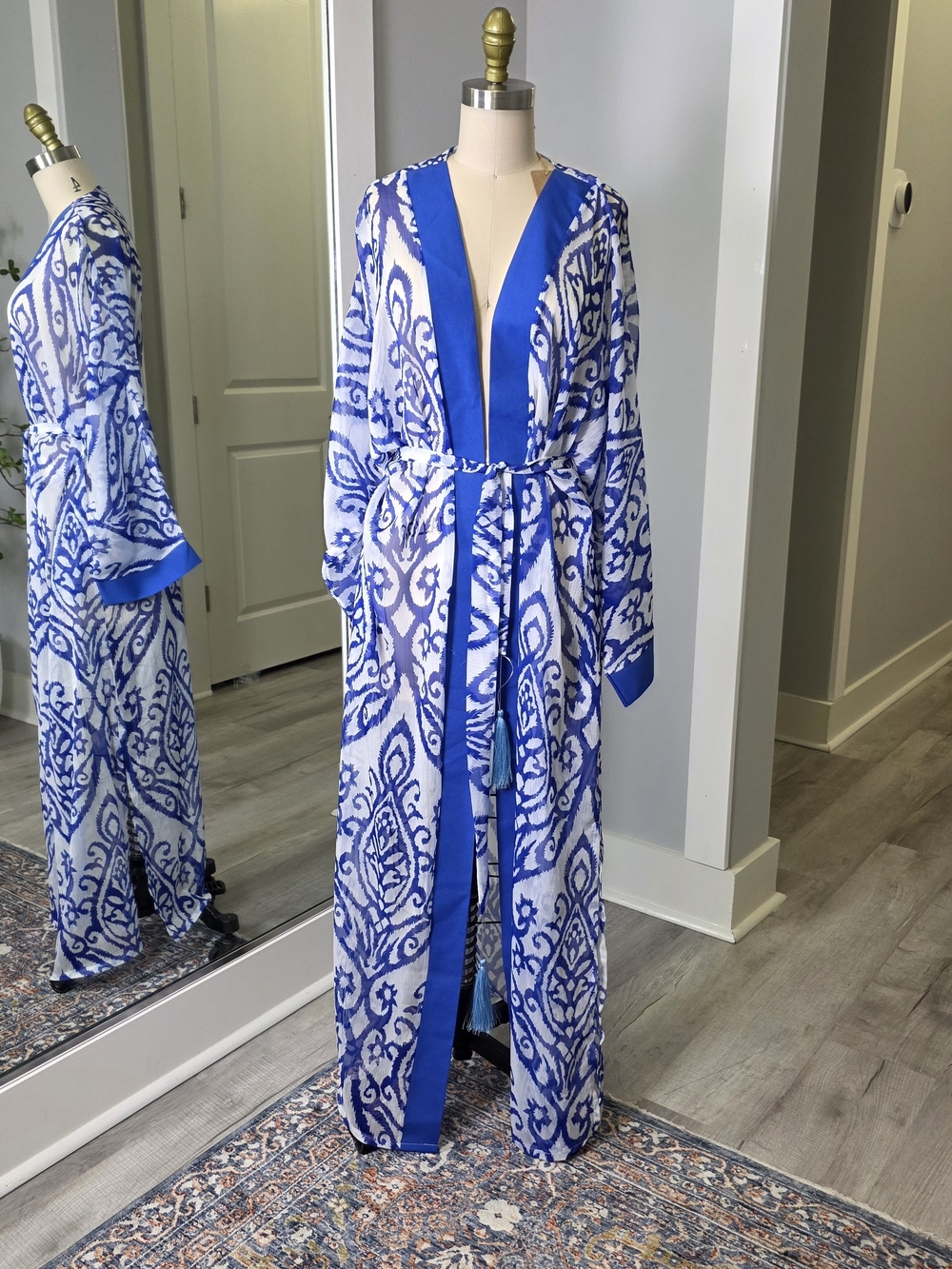Blue & White Ikat Patterned Kimano Dress with Tie Waist Chiffon